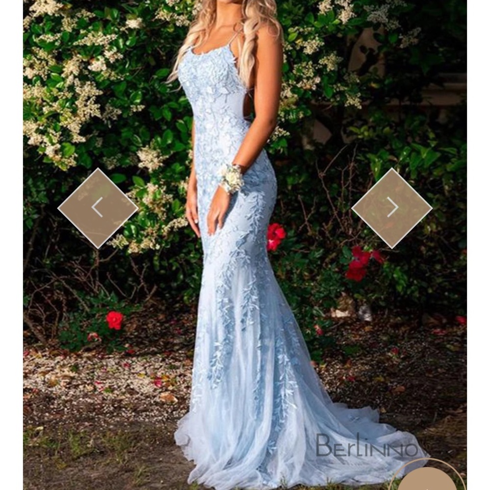 Mermaid long baby blue prom dress backless